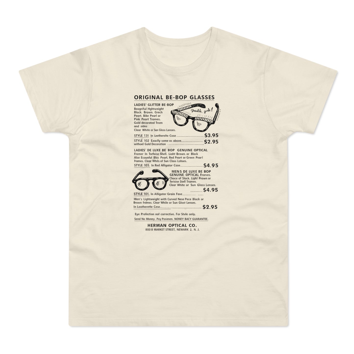 T-shirt with a vintage advertisement for Original Be-Bop Glasses.