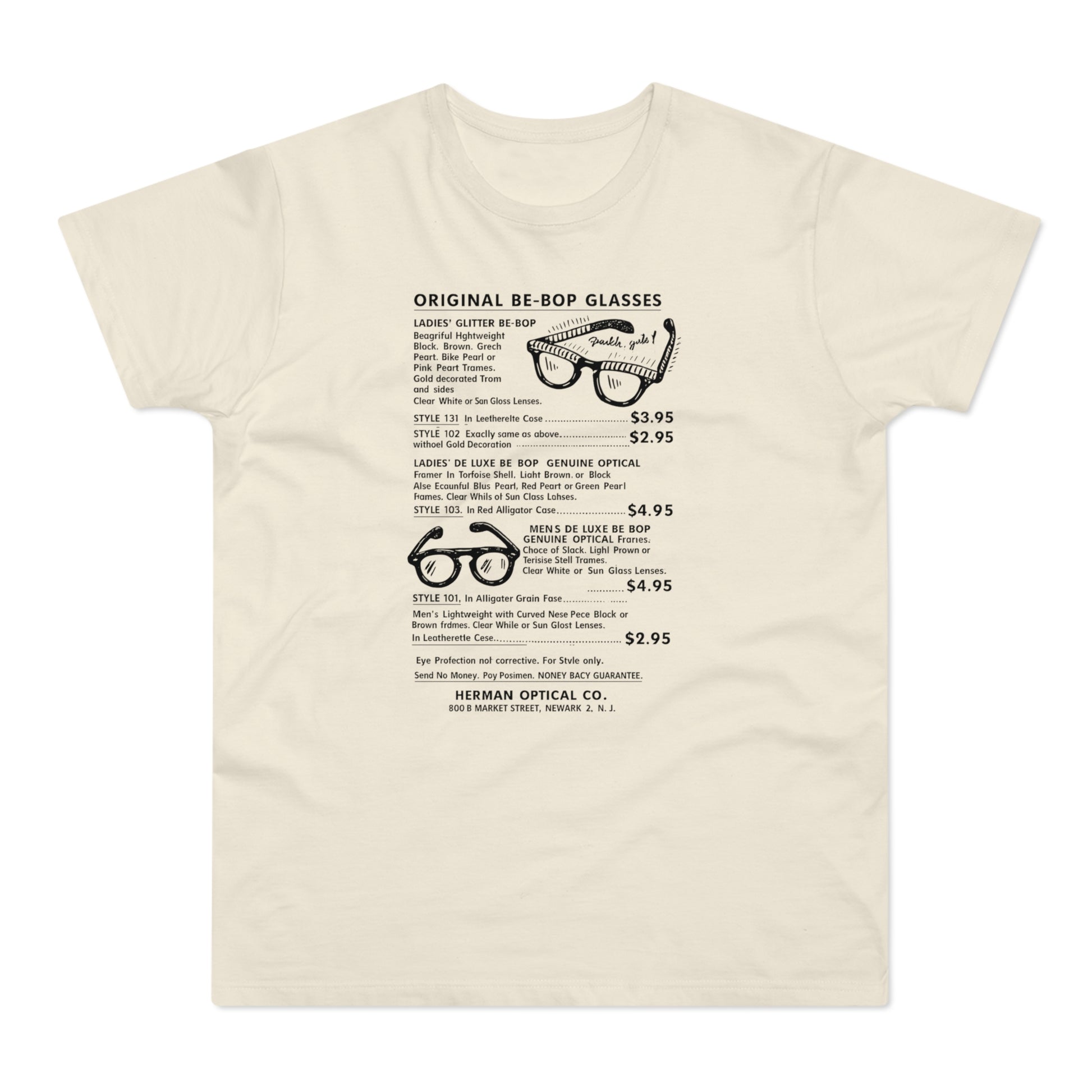 T-shirt with a vintage advertisement for Original Be-Bop Glasses.