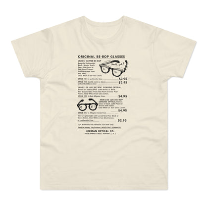 T-shirt with a vintage advertisement for Original Be-Bop Glasses.