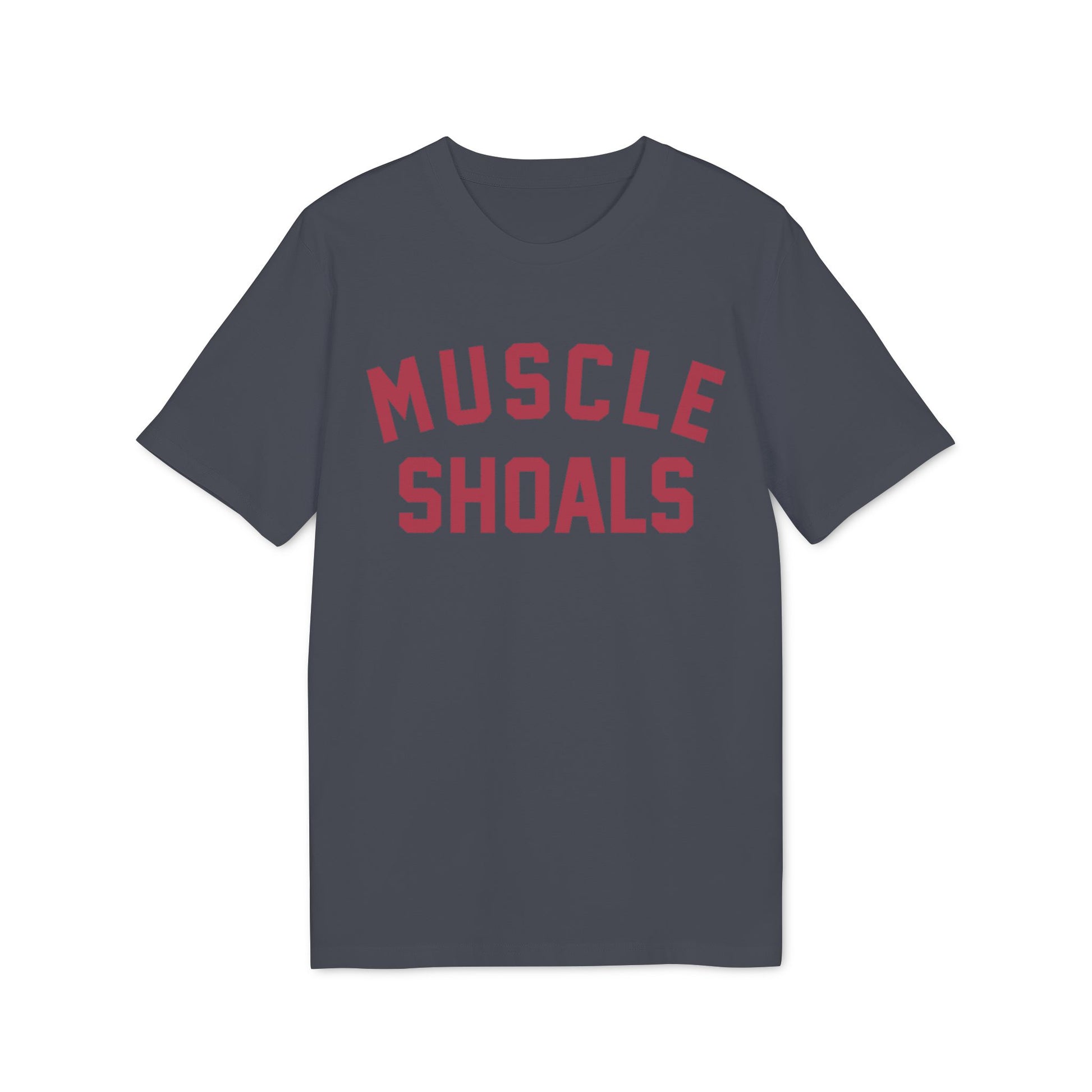 Dark gray t-shirt with red text reading "MUSCLE SHOALS" across the chest.