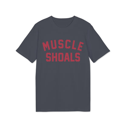 Dark gray t-shirt with red text reading "MUSCLE SHOALS" across the chest.