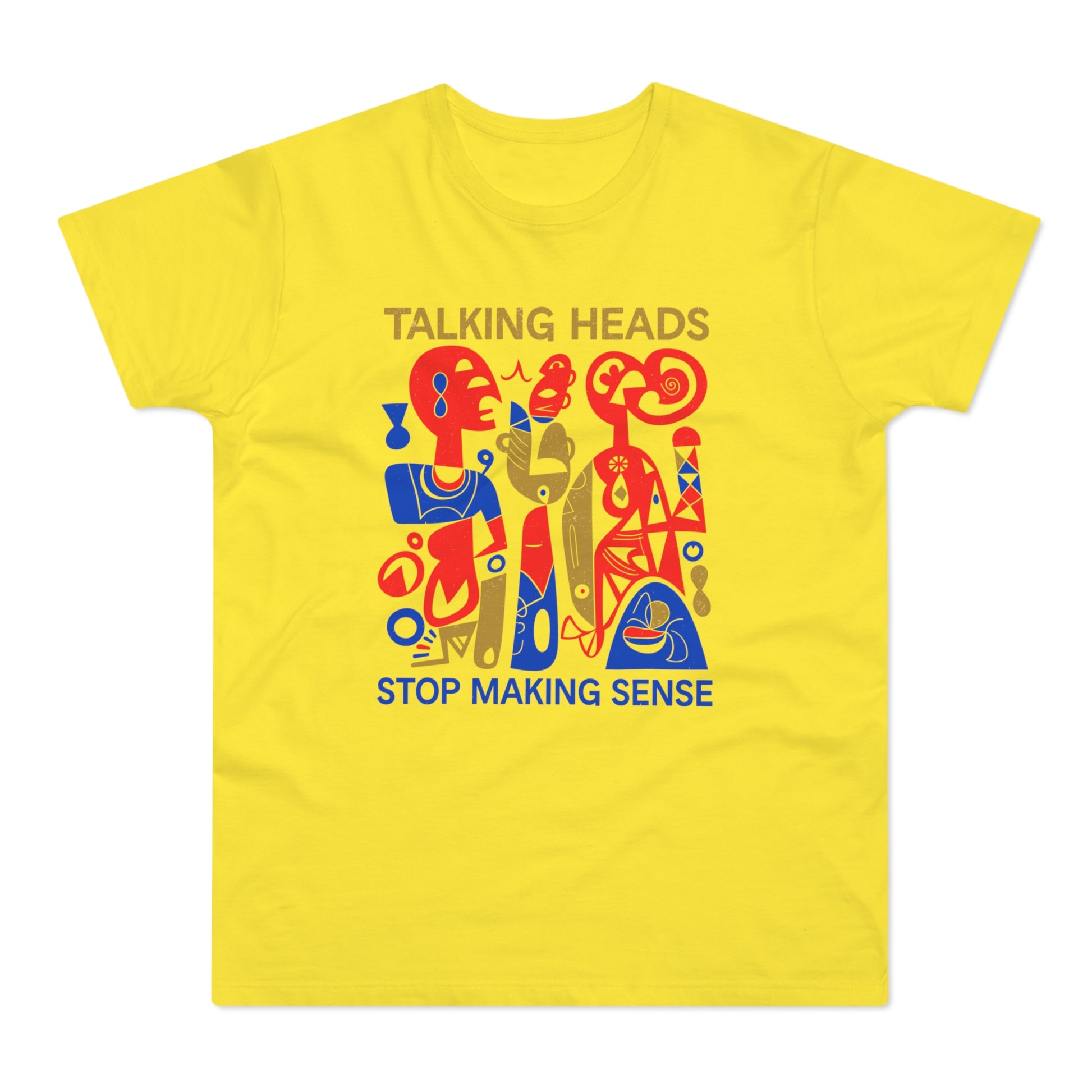 Yellow t-shirt with "TALKING HEADS" and "STOP MAKING SENSE" text and abstract art.