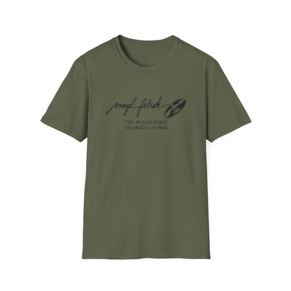Olive green t-shirt with "Vinyl Fetish" text and address printed on the front.