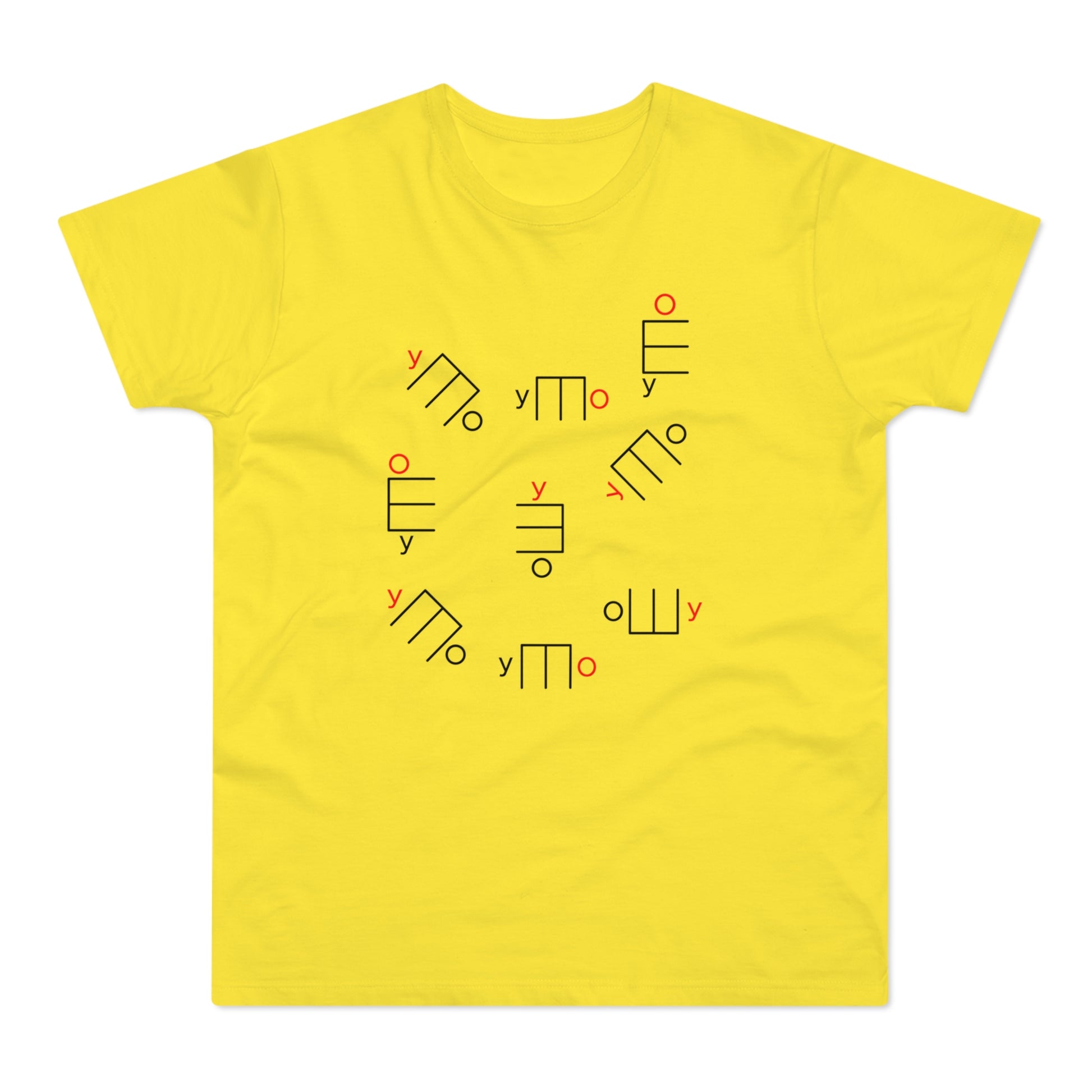 Yellow t-shirt with scattered black and red geometric symbols and text.