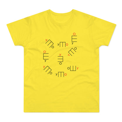 Yellow t-shirt with scattered black and red geometric symbols and text.