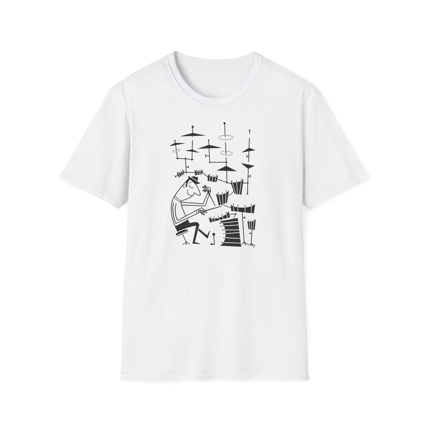 White t-shirt with a black line drawing of a person playing drums.