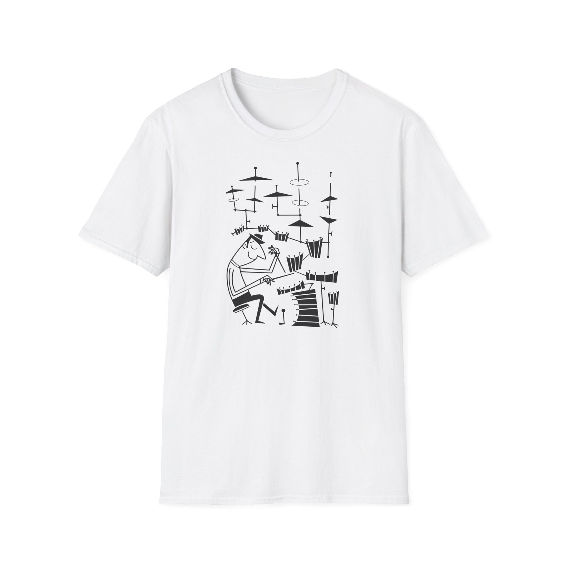 White t-shirt with a black line drawing of a person playing drums.