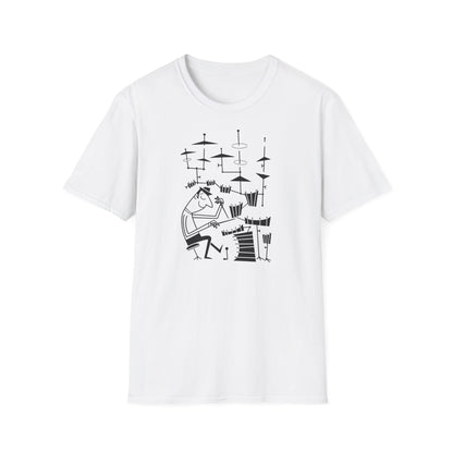 White t-shirt with a black line drawing of a person playing drums.