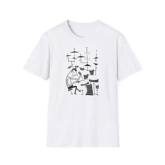 White t-shirt with a black line drawing of a person playing drums.