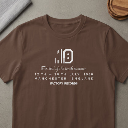 Brown t-shirt with "Festival of the tenth summer" and Factory Records details.