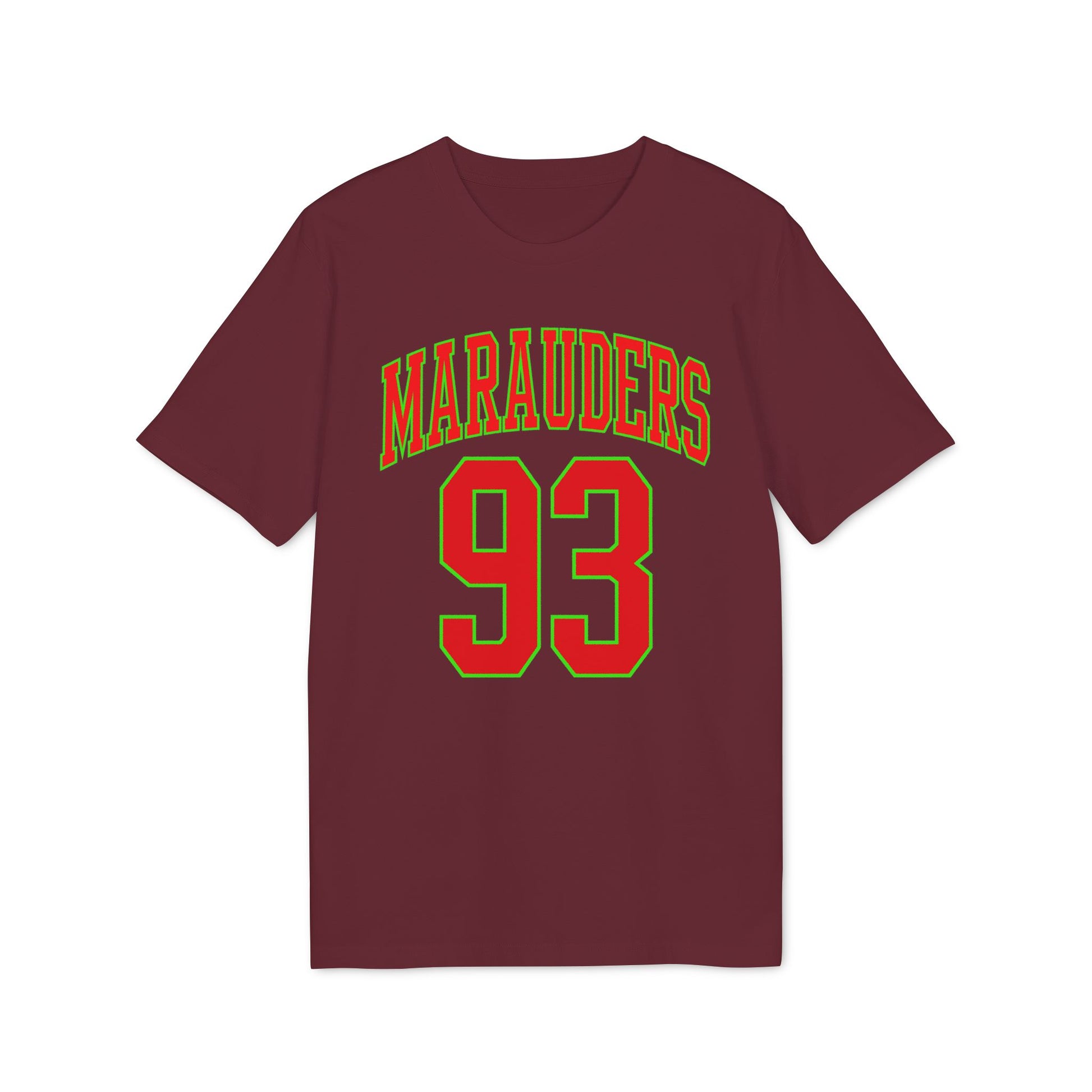Maroon t-shirt with red and green "Marauders 93" graphic.