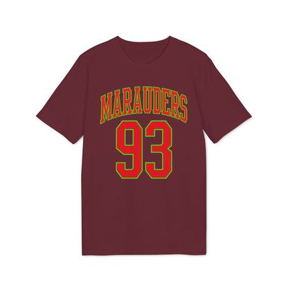 Maroon t-shirt with red and green "Marauders 93" graphic.