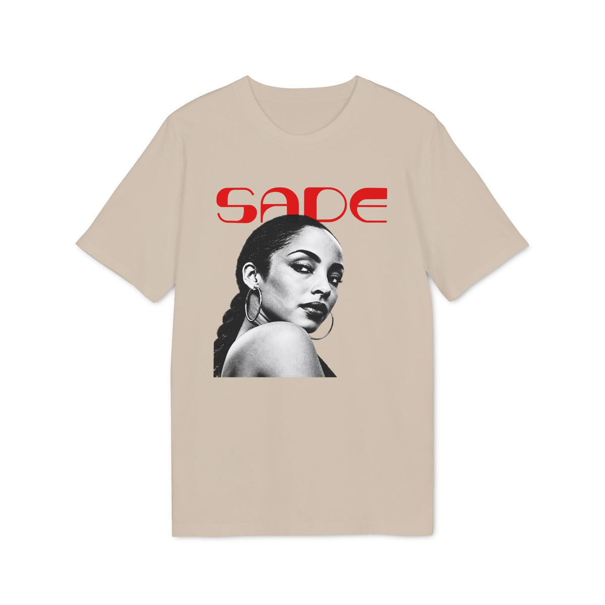 Tan t-shirt with red "SADE" text and black and white portrait of Sade.