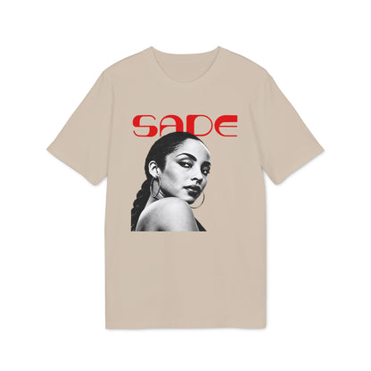 Tan t-shirt with red "SADE" text and black and white portrait of Sade.