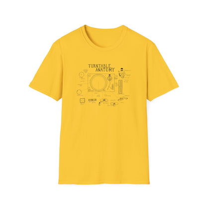 Yellow t-shirt with a black line drawing illustration for "Turntable Anatomy" detailing parts.