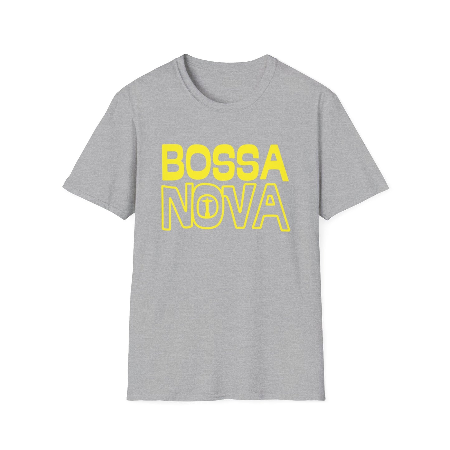 Gray t-shirt with yellow "BOSSA NOVA" text and Christ the Redeemer outline.