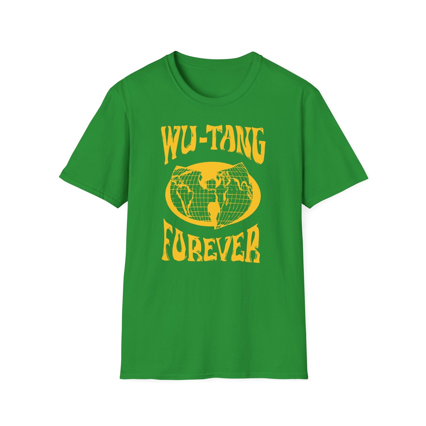 Green t-shirt with yellow "Wu-Tang Forever" text and globe logo.