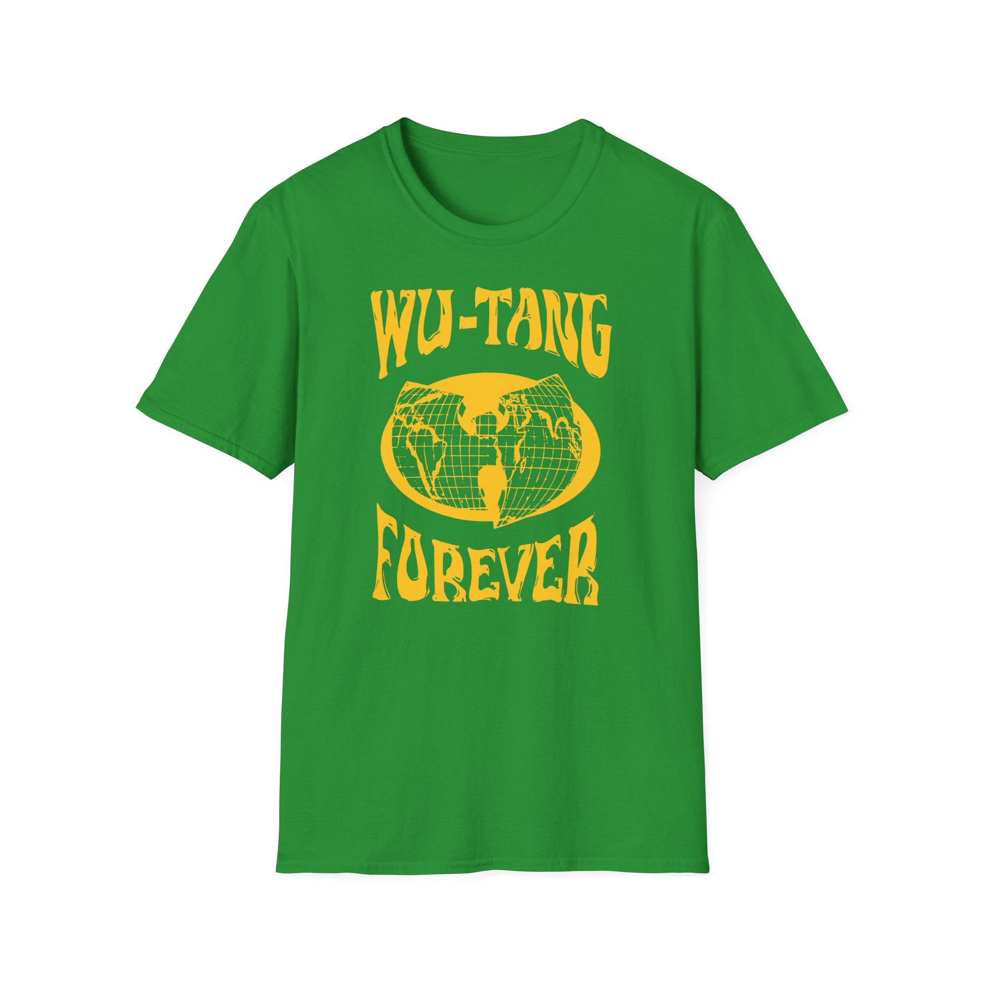 Green t-shirt with yellow "Wu-Tang Forever" text and globe logo.