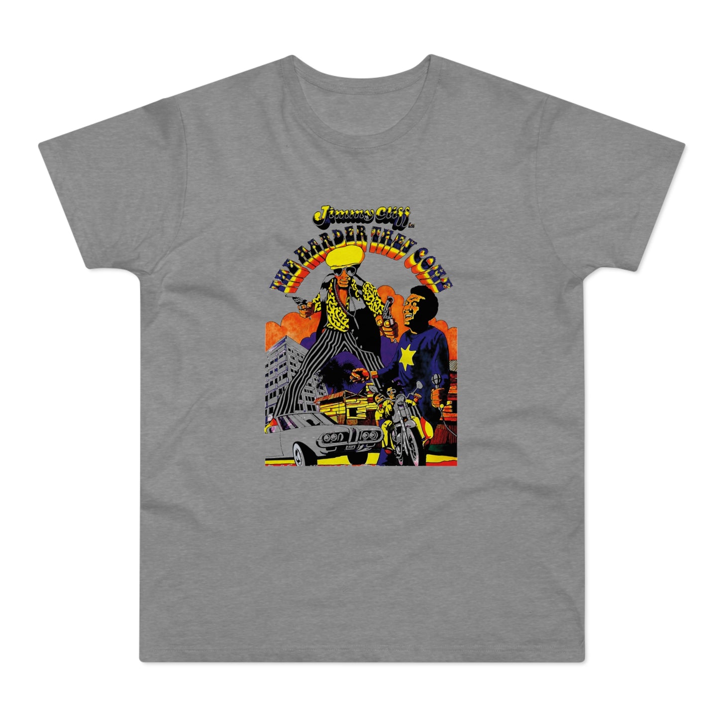 "The Harder They Come" Jimmy Cliff album art with two men, guns, car, and motorcycle.