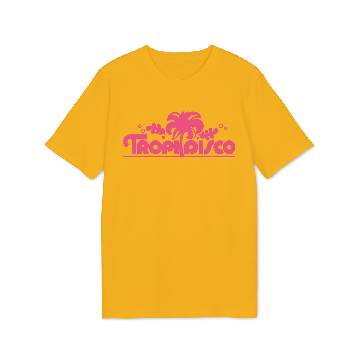 Yellow t-shirt with pink "Tropi Disco" text and a palm tree graphic.