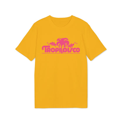 Yellow t-shirt with pink "Tropi Disco" text and a palm tree graphic.