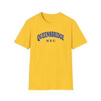 Yellow t-shirt with blue "QUEENSBRIDGE NYC" text.