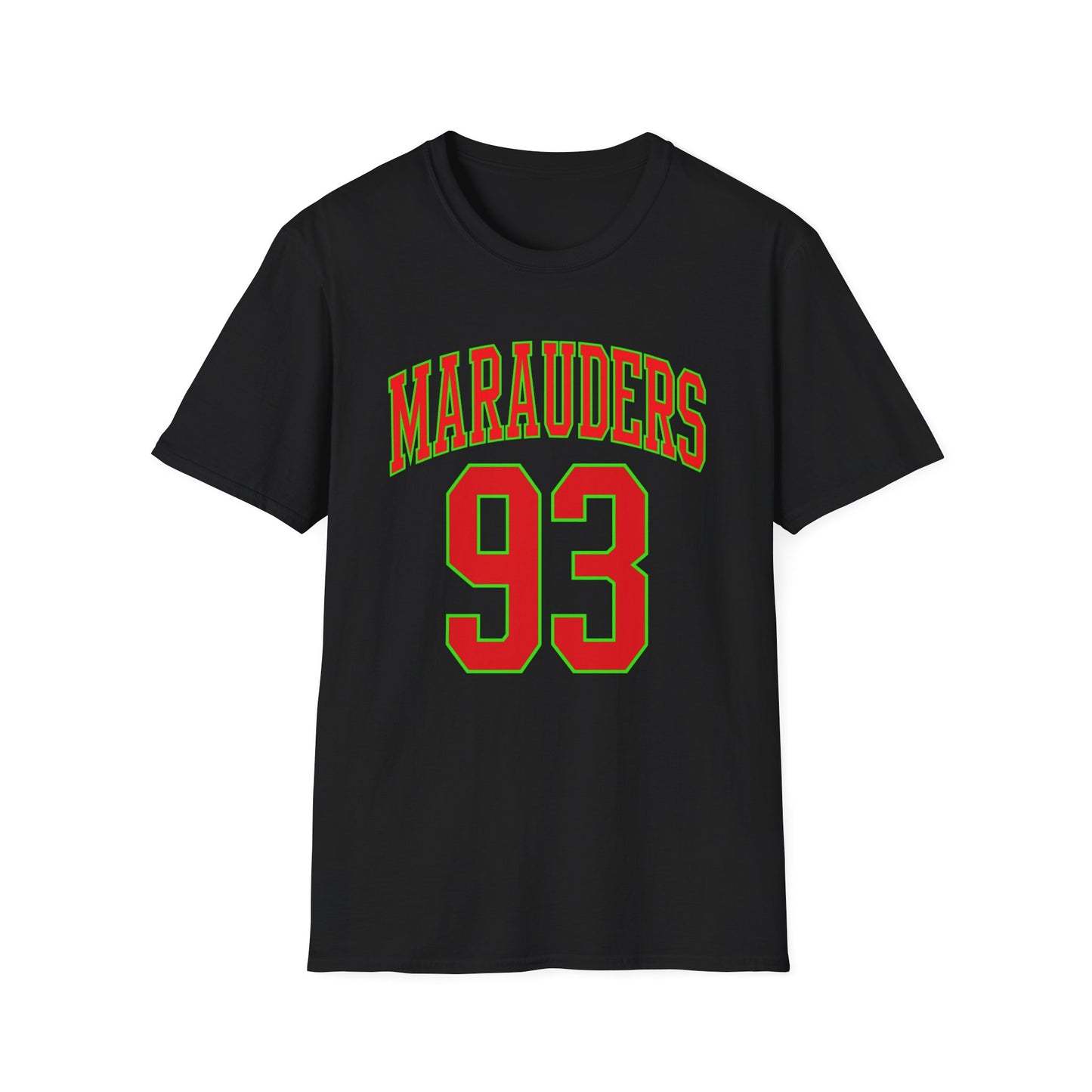 Black t-shirt with red and green "MARAUDERS 93" graphic.