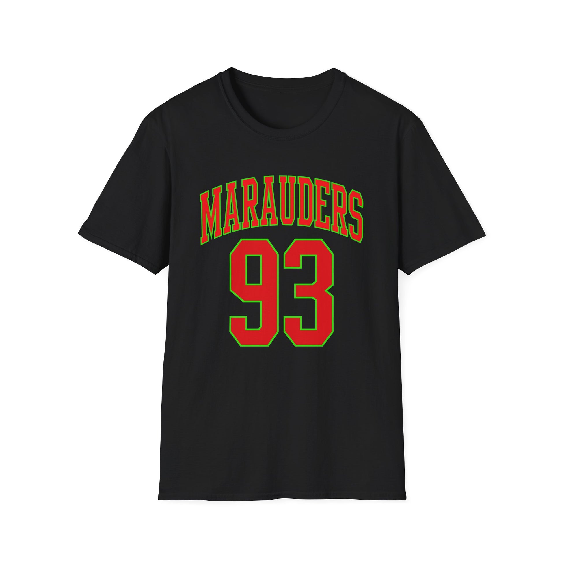 Black t-shirt with red and green "MARAUDERS 93" graphic.