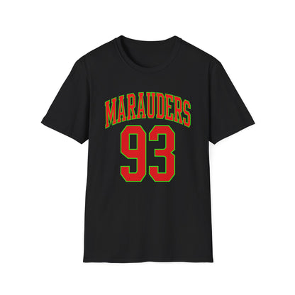 Black t-shirt with red and green "MARAUDERS 93" graphic.