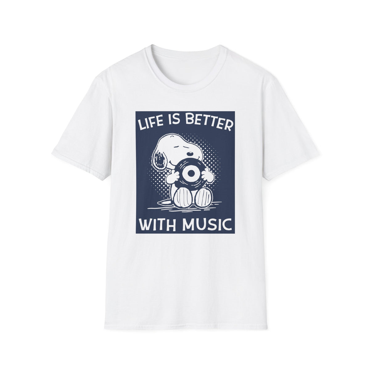 Snoopy on a white t-shirt holding a record, text "Life is better with music."