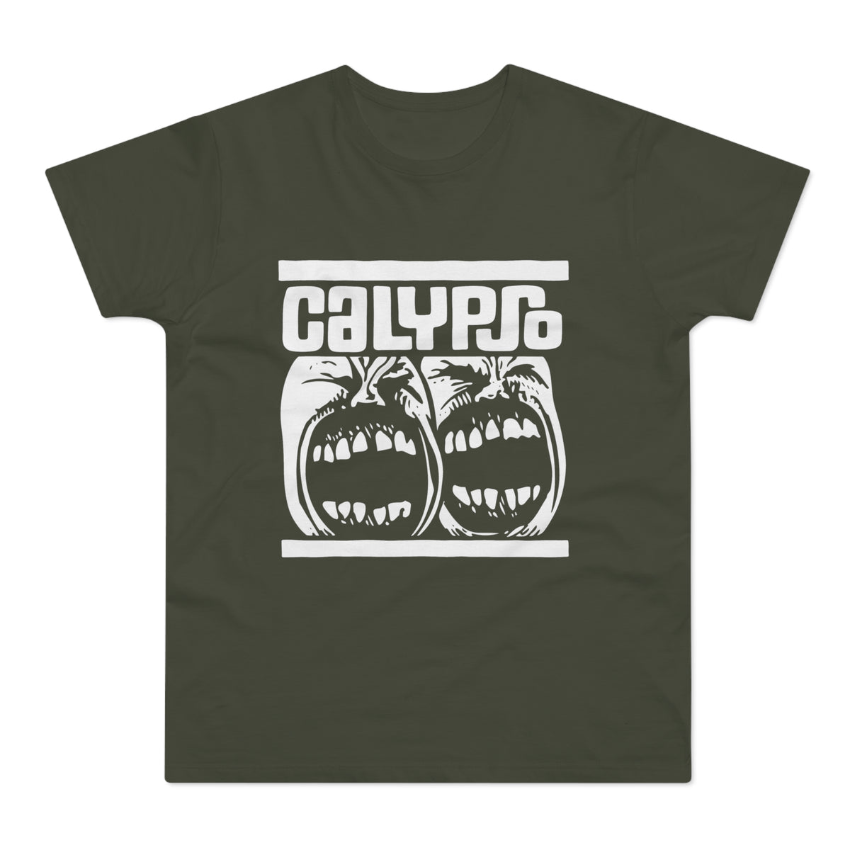 Dark green t-shirt with white "CALYPSO" text above two screaming faces.