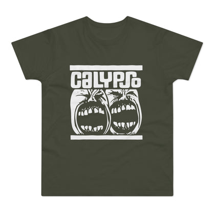 Dark green t-shirt with white "CALYPSO" text above two screaming faces.