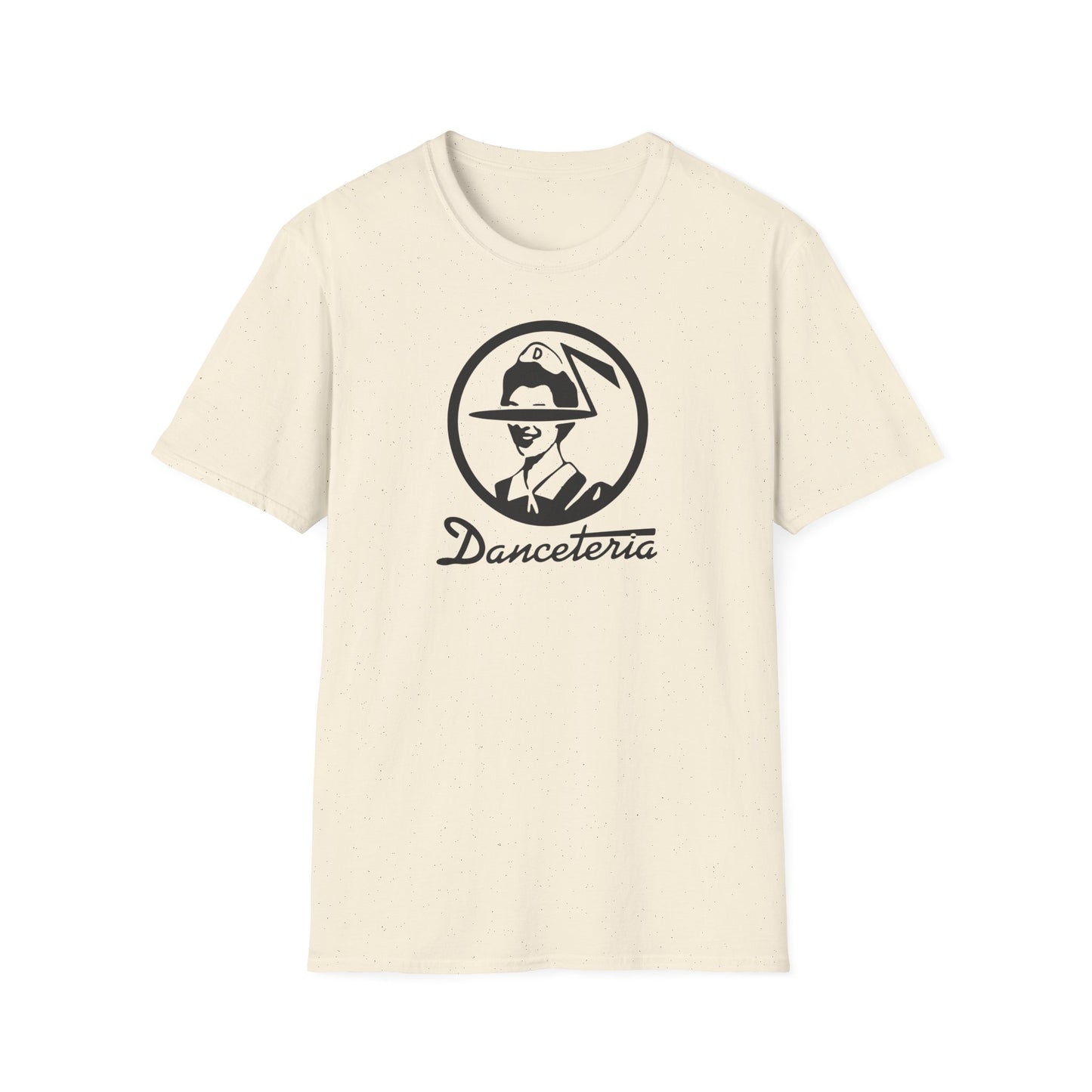 Cream t-shirt with black Danceteria logo featuring a stylized face in a hat.