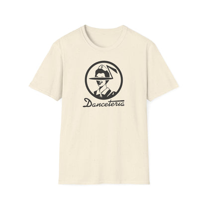 Cream t-shirt with black Danceteria logo featuring a stylized face in a hat.