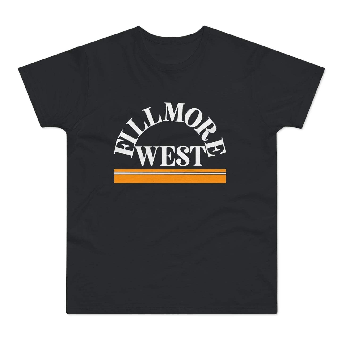 Black t-shirt with "Fillmore West" text and orange-white stripes graphic.