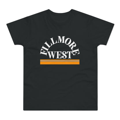 Black t-shirt with "Fillmore West" text and orange-white stripes graphic.