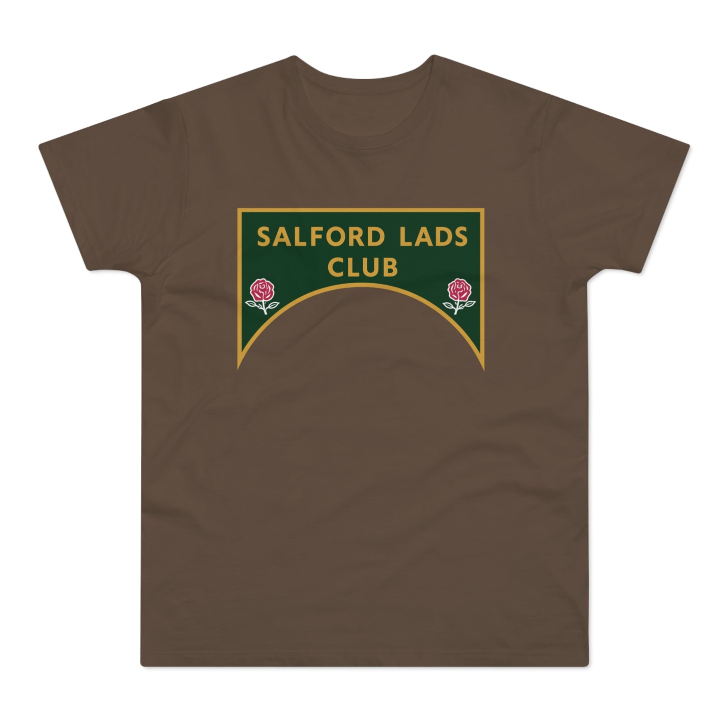 Brown t-shirt with a green and gold crest that reads "SALFORD LADS CLUB".