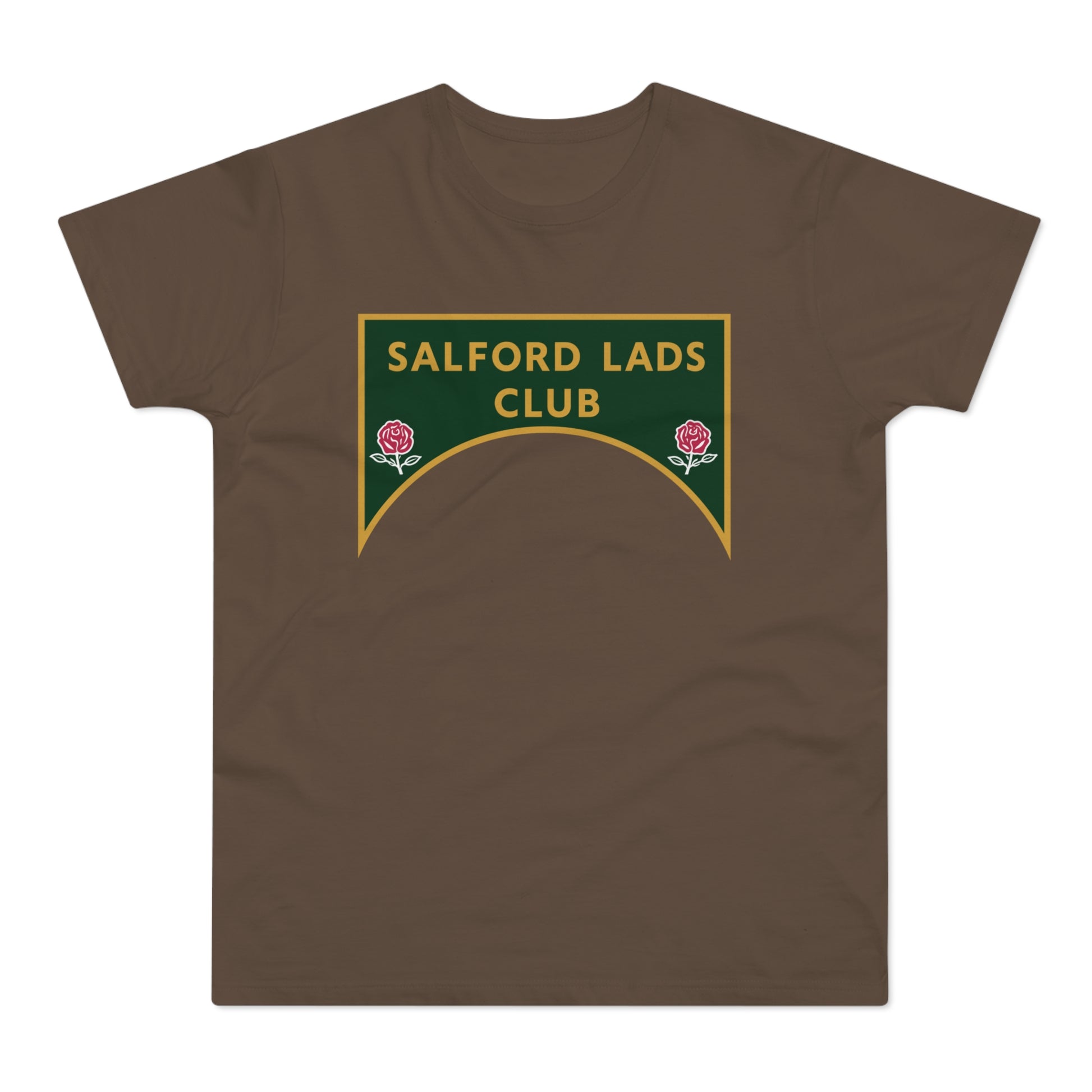 Brown t-shirt with a green and gold crest that reads "SALFORD LADS CLUB".