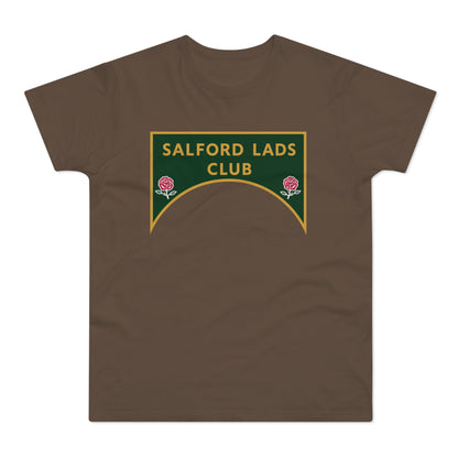 Brown t-shirt with a green and gold crest that reads "SALFORD LADS CLUB".