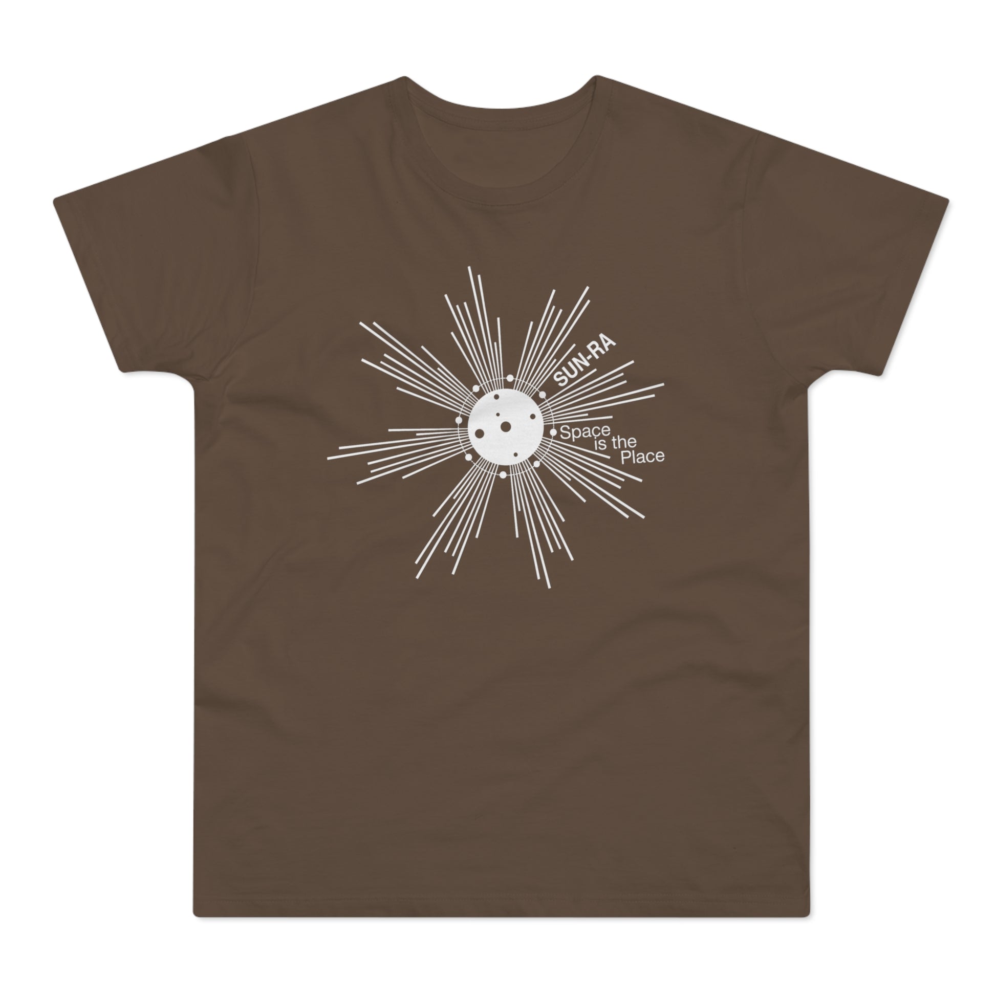 Brown t-shirt with white SUN-RA graphic and "Space is the Place" text.