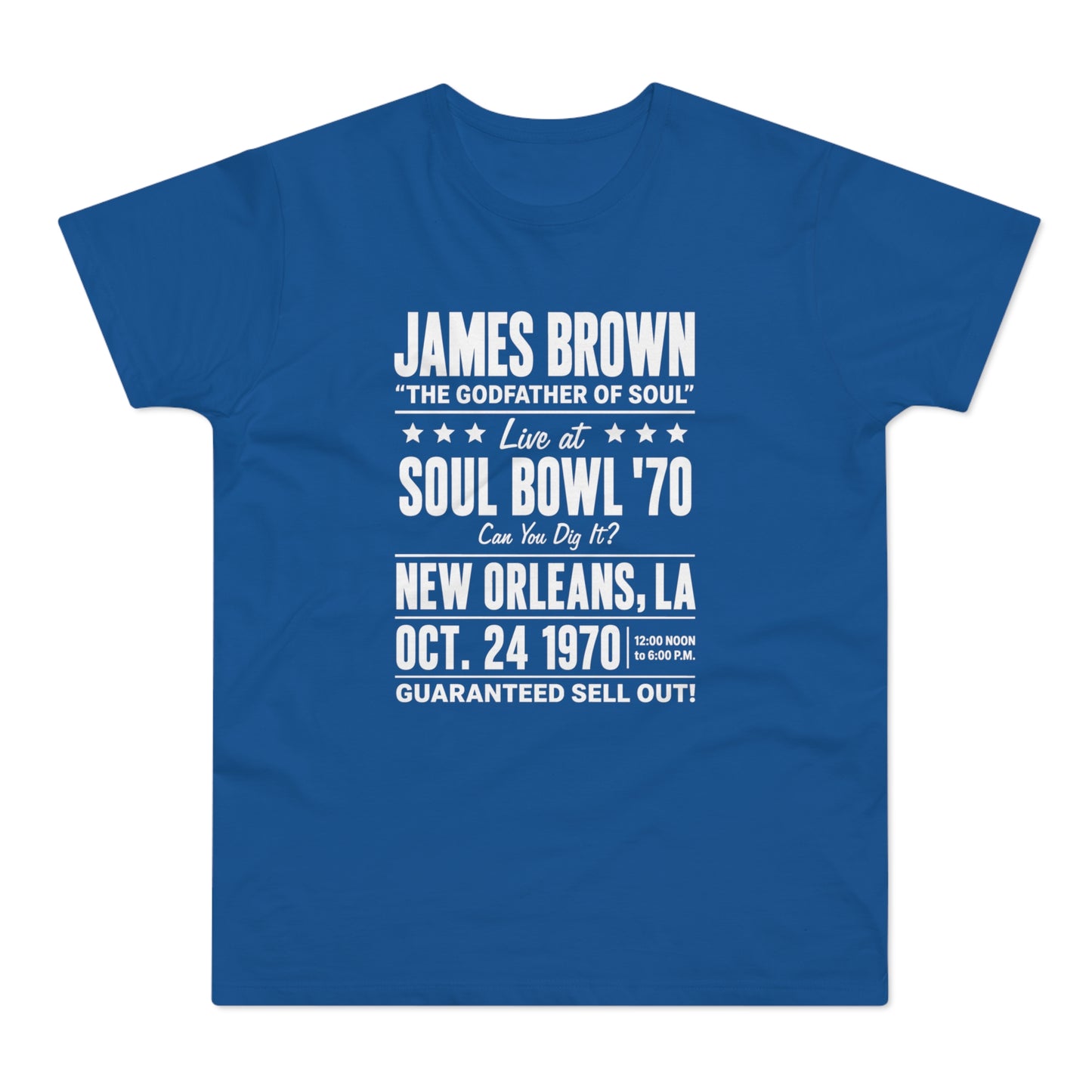 James Brown Soul Bowl '70 concert tee with date and location.