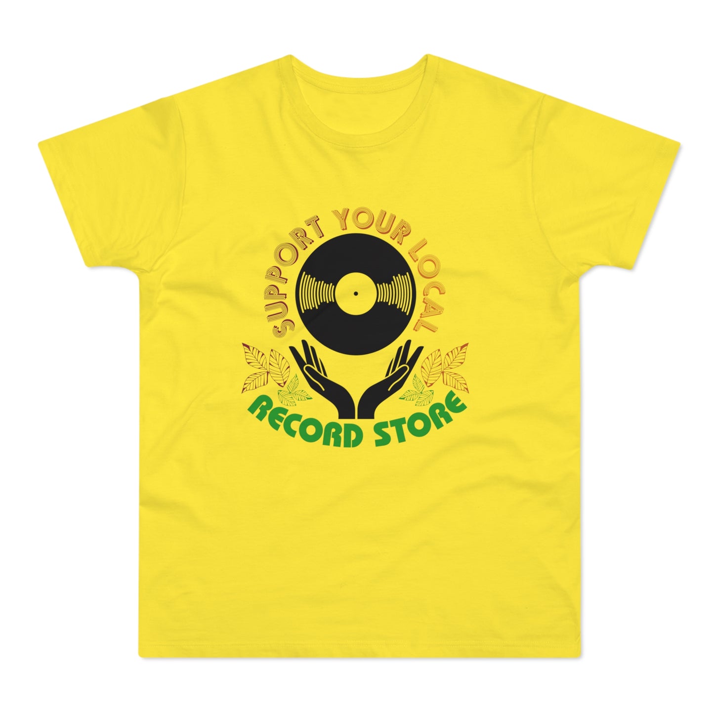Yellow t-shirt with "Support Your Local Record Store" text and vinyl record graphic.