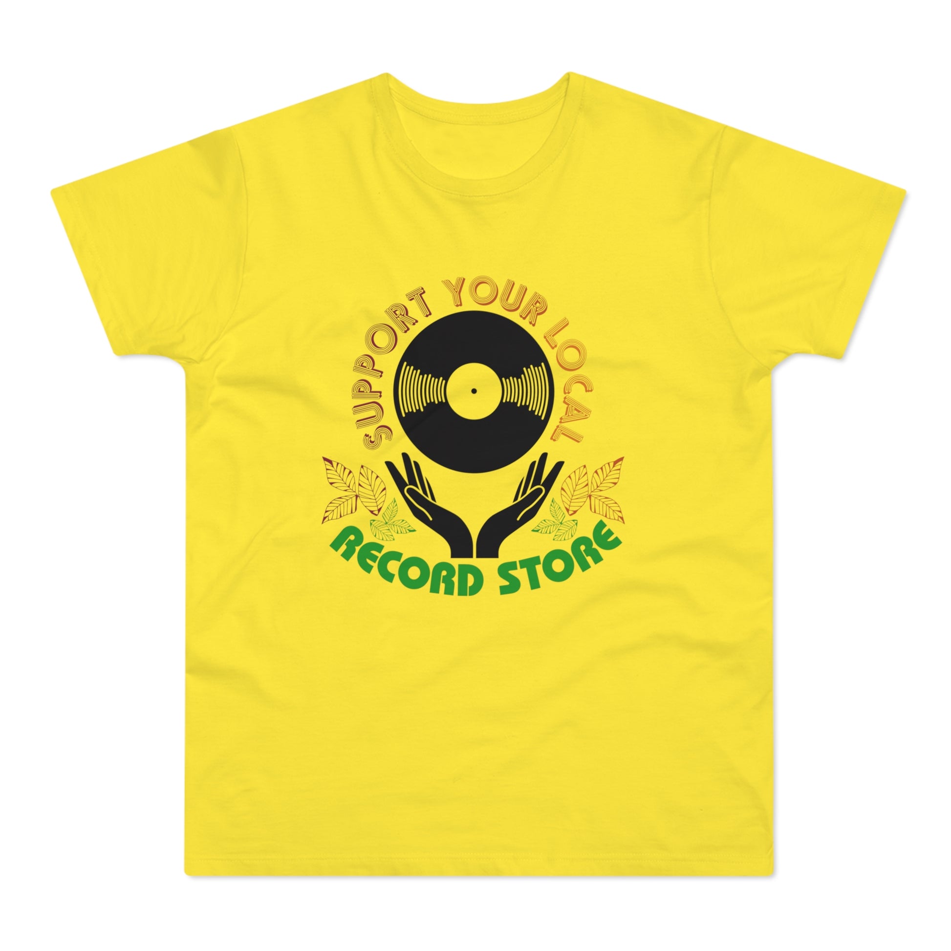 Yellow t-shirt with "Support Your Local Record Store" text and vinyl record graphic.
