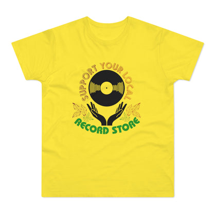 Yellow t-shirt with "Support Your Local Record Store" text and vinyl record graphic.