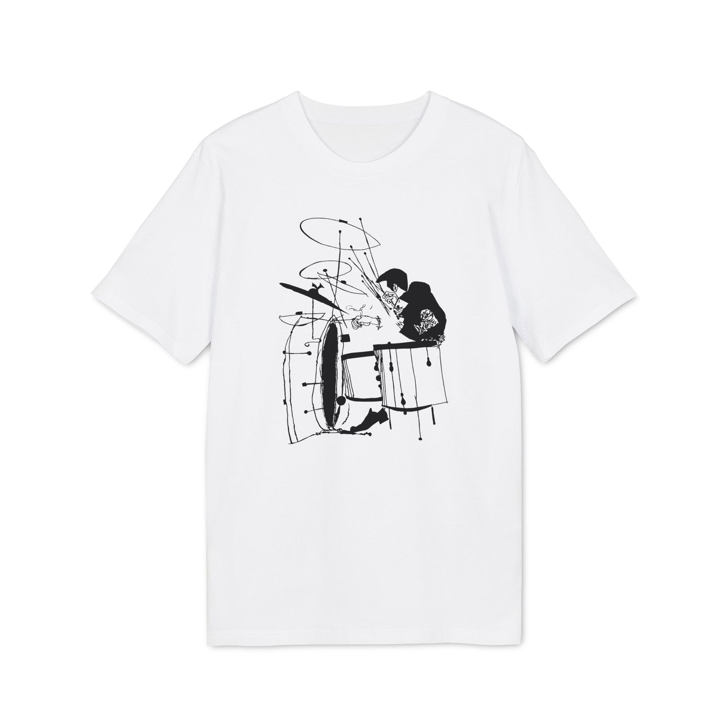 White t-shirt with a black ink illustration of a drummer playing drums.