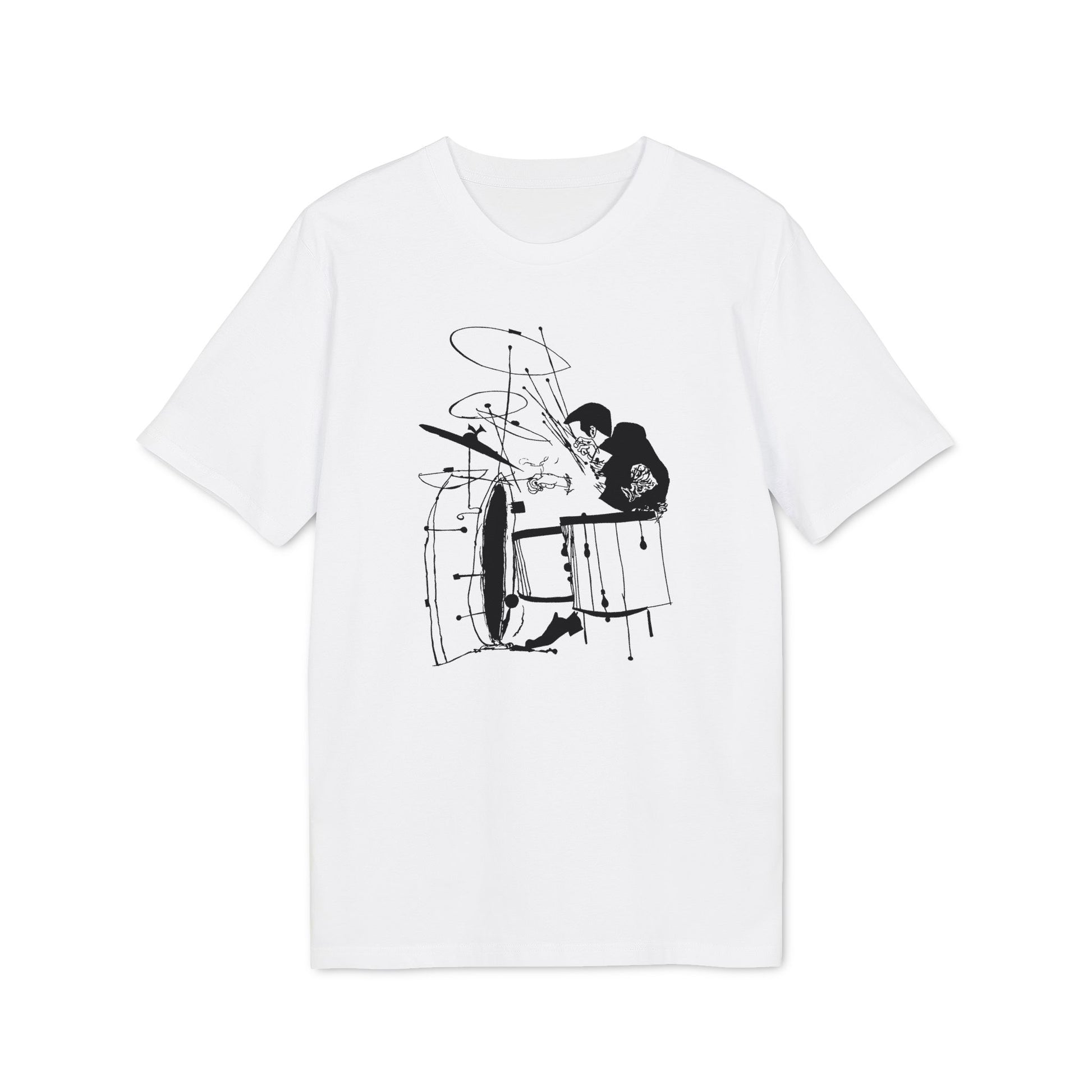 White t-shirt with a black ink illustration of a drummer playing drums.