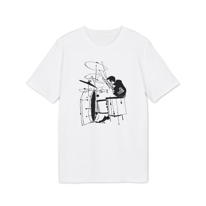 White t-shirt with a black ink illustration of a drummer playing drums.