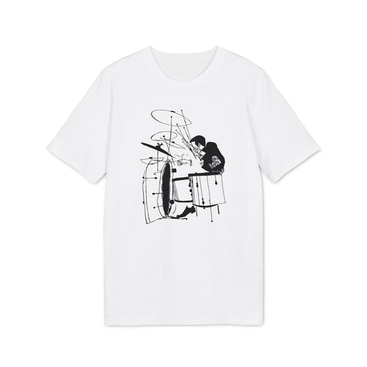 White t-shirt with a black ink illustration of a drummer playing drums.