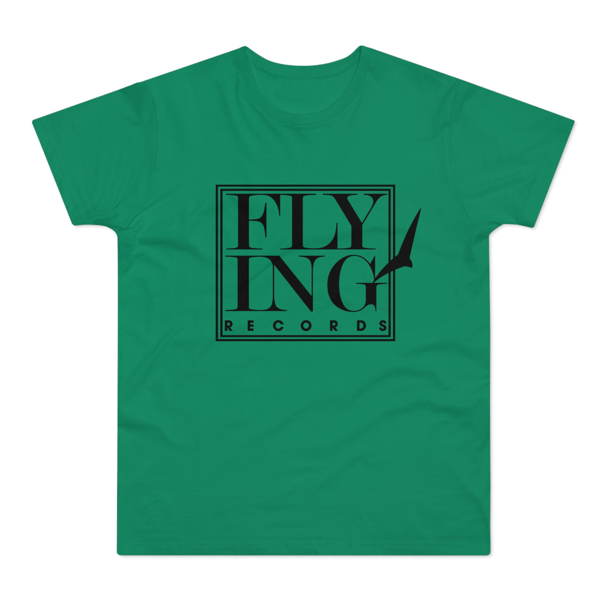 Green t-shirt with black "FLYING RECORDS" logo and bird silhouette.