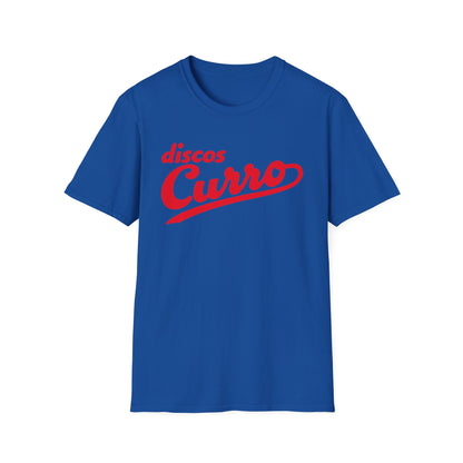 Blue t-shirt with red "discos Curro" text graphic.